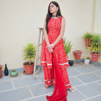 Red Bhandej Sharara Suit Set