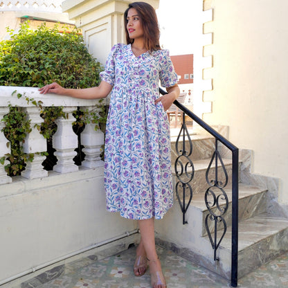 White Handblock Pleated Dress