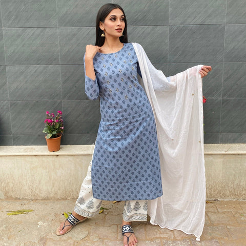 Powder Blue Bead Work Suit Set