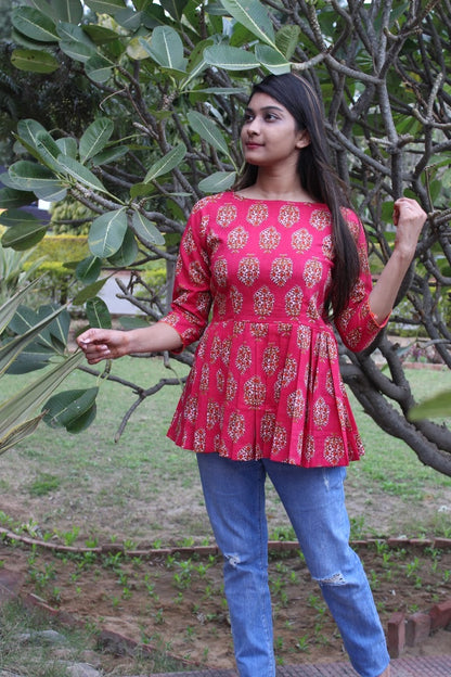 Pink Handblock Pleated Top