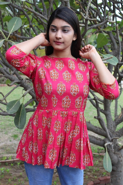 Pink Handblock Pleated Top