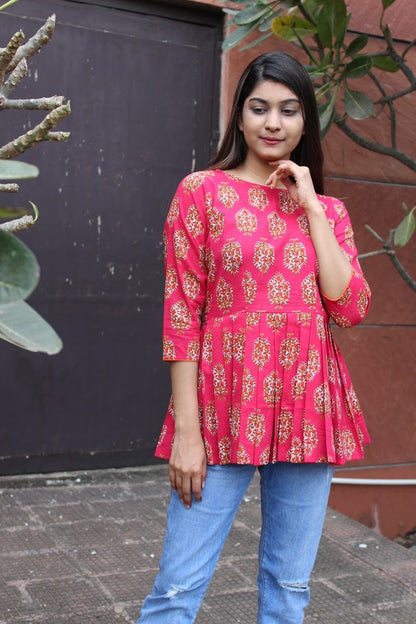 Pink Handblock Pleated Top