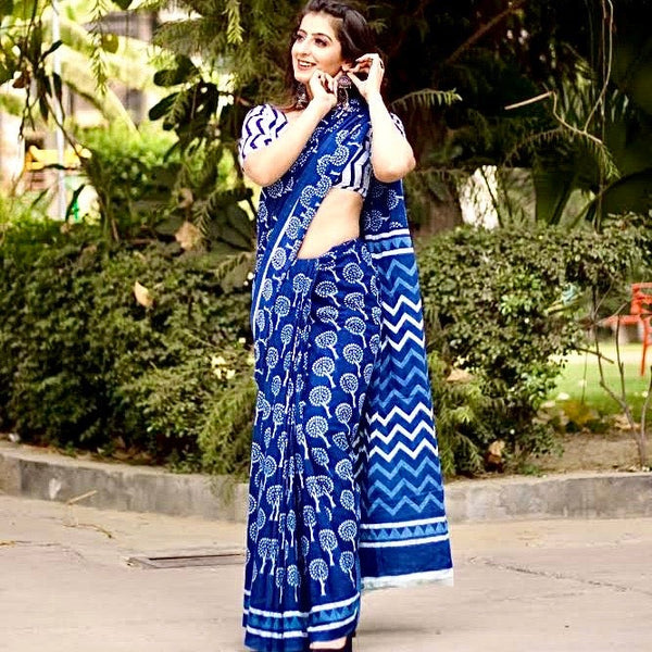 Indigo Tree Printed Cotton Saree