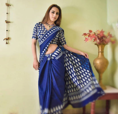 Indigo Cotton Printed Saree