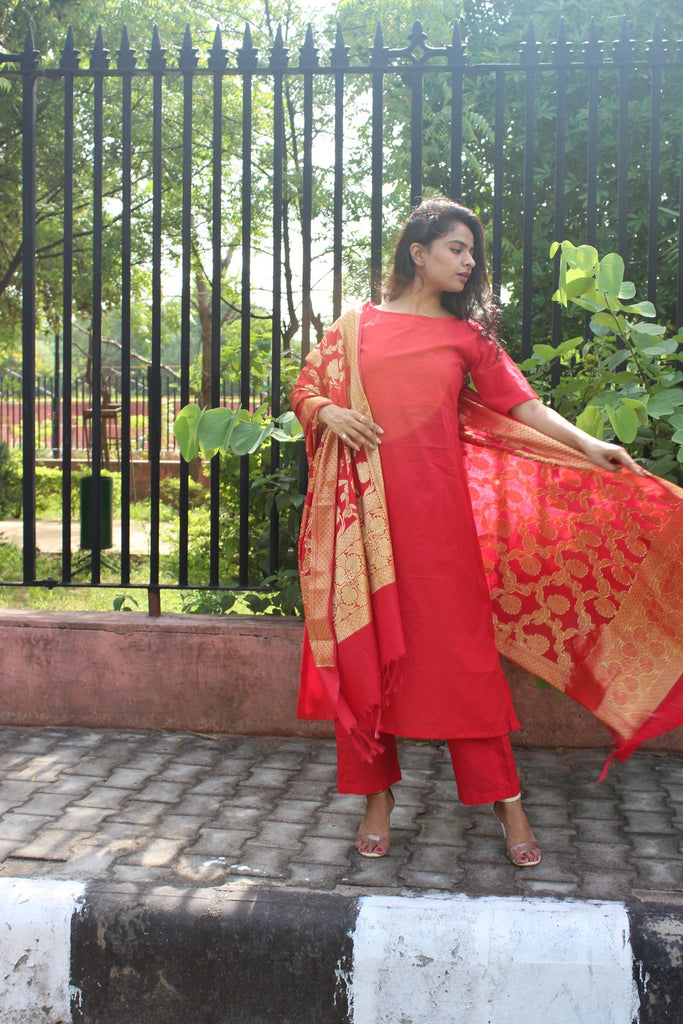 Buy Rust Orange Golden Chanderi Kurti with Rust Silk Pants  Banarasi  Dupatta Kurti Set  Kurti Sets Online in India  Colorauction