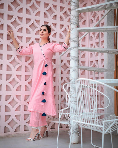 Baby Pink Angrakha Kurta Set