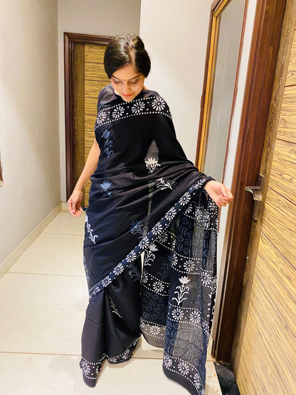 Black Bagru Handblock Saree