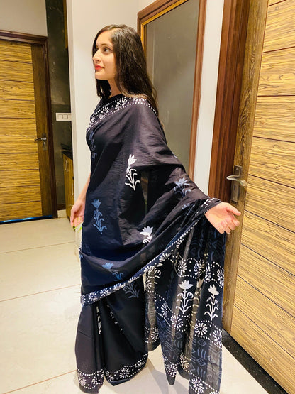 Black Bagru Handblock Saree