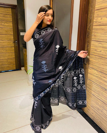 Black Bagru Handblock Saree