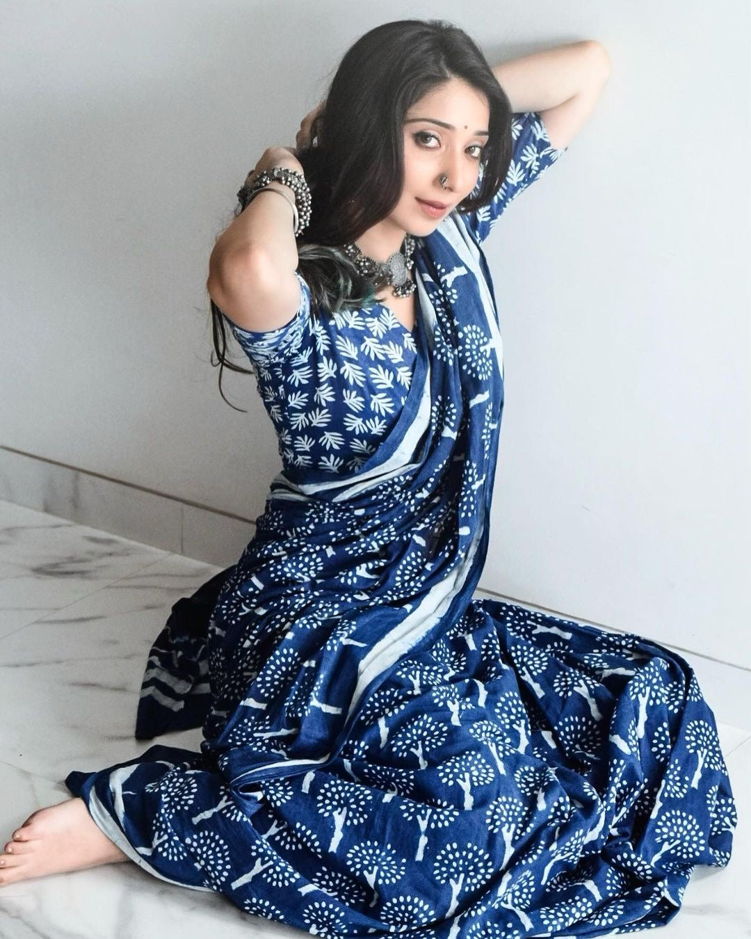 Indigo Tree Printed Cotton Saree