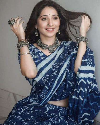 Indigo Tree Printed Cotton Saree
