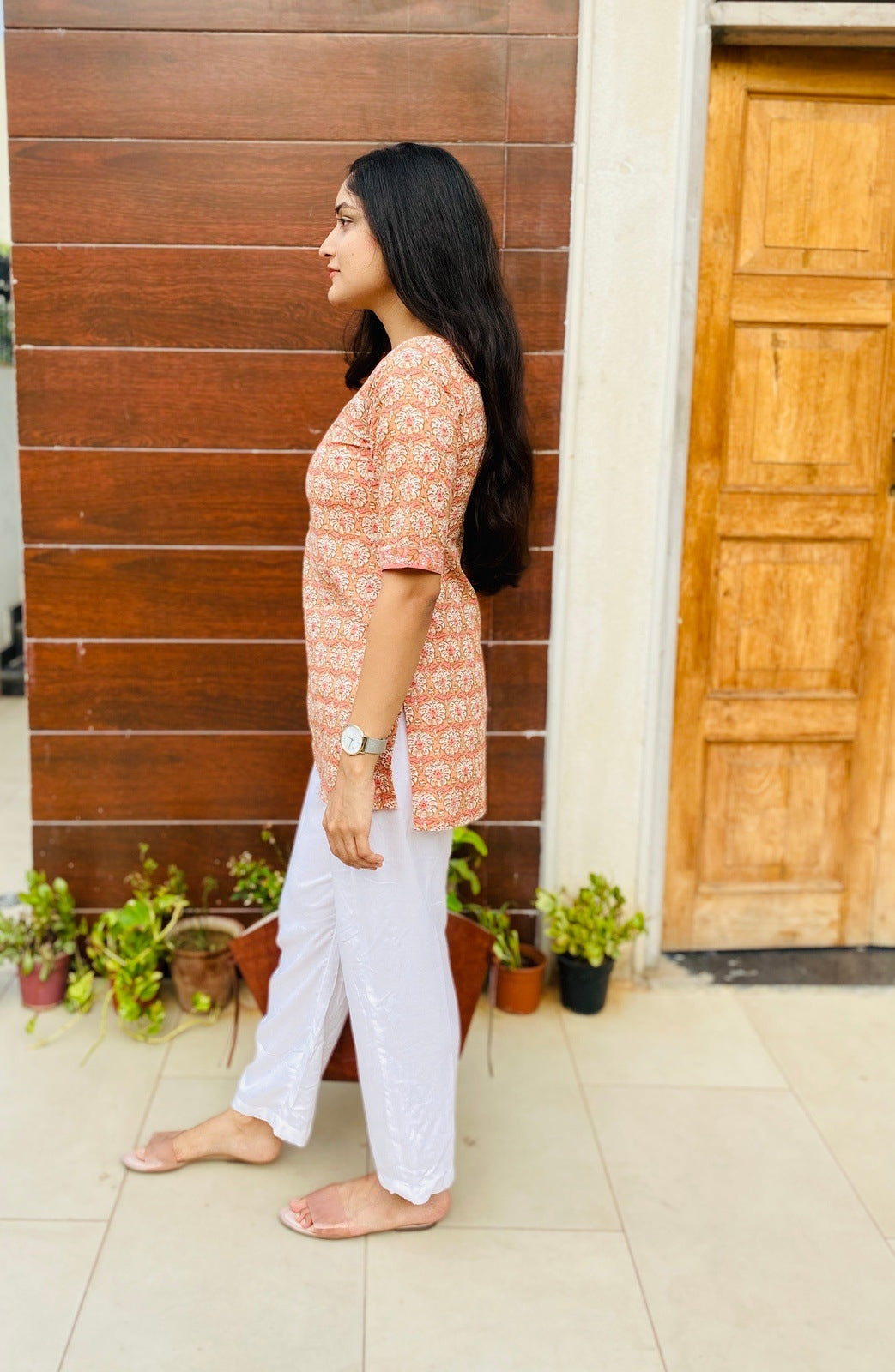 Peach Floral Handblock Kurta Set