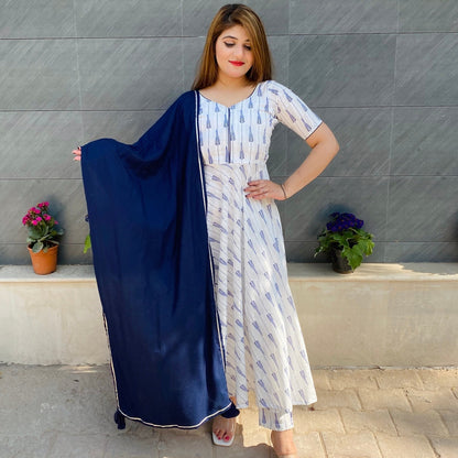 White Indigo Printed Suit Set