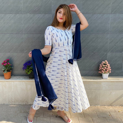 White Indigo Printed Suit Set