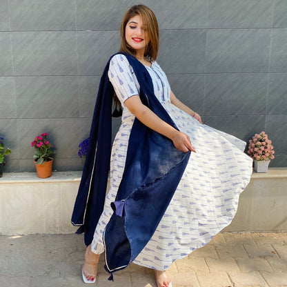 White Indigo Printed Suit Set