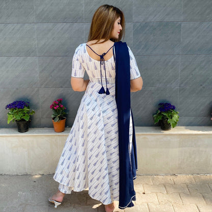 White Indigo Printed Suit Set