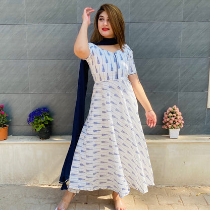 White Indigo Printed Suit Set