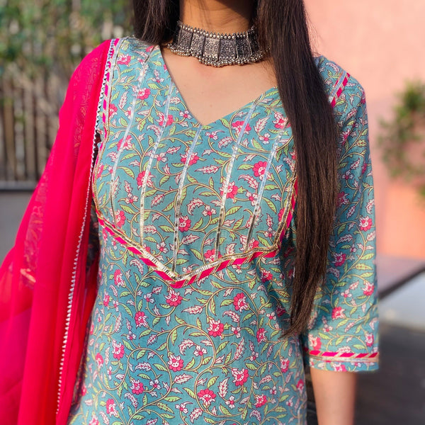 Aqua Festive Handblock Suit Set