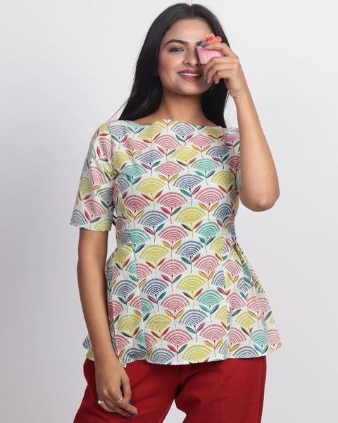 White Printed Pleated Top