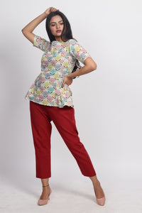 White Printed Pleated Top