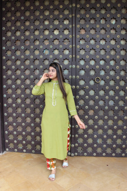 Green Colour Block Kurta Set