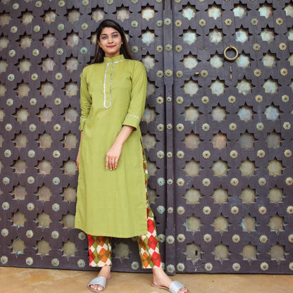 Green Colour Block Kurta Set