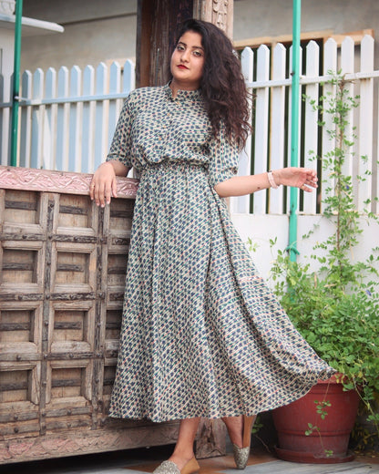 Mix Printed Waist Tie Flared Dress