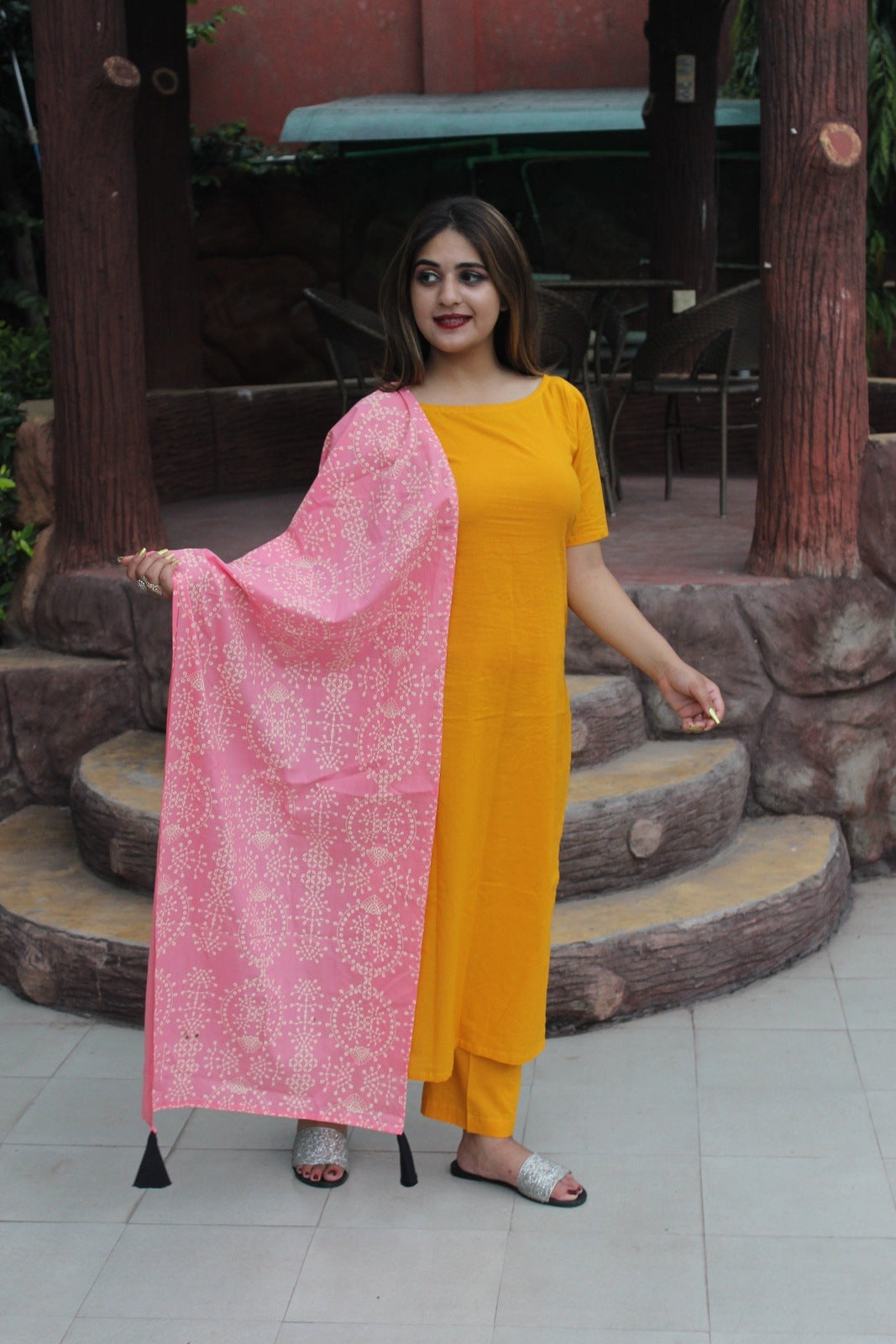Yellow Pink Bhandej Suit Set