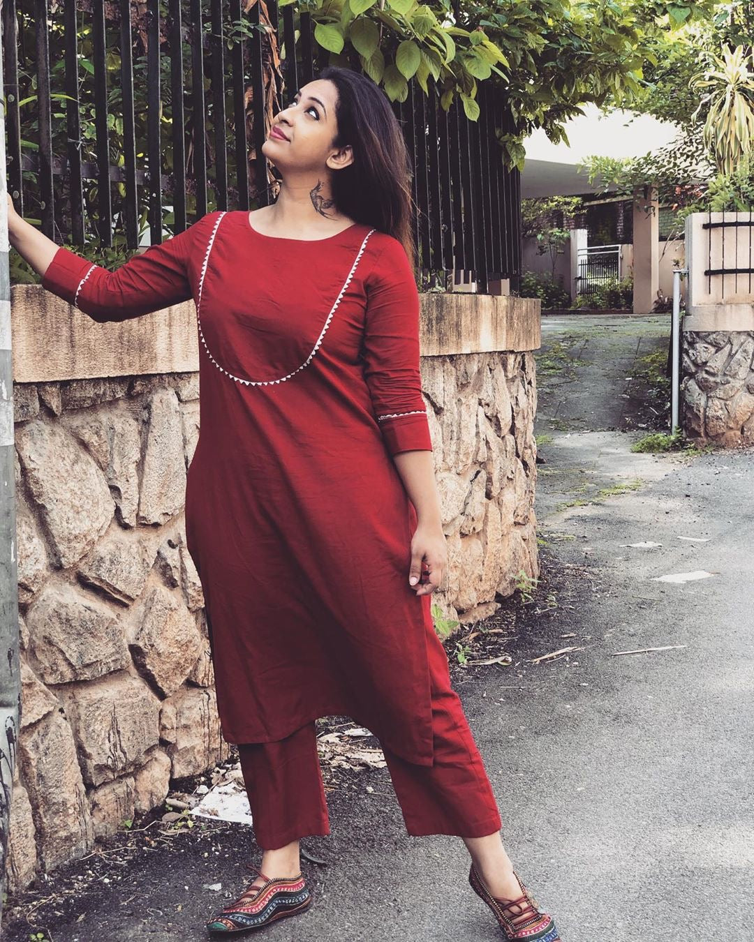 Maroon Yoke Design Kurta Set