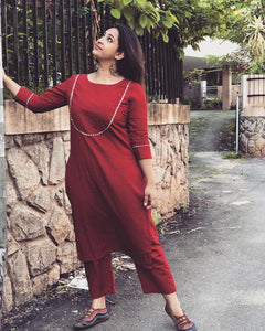 Maroon Yoke Design Kurta Set
