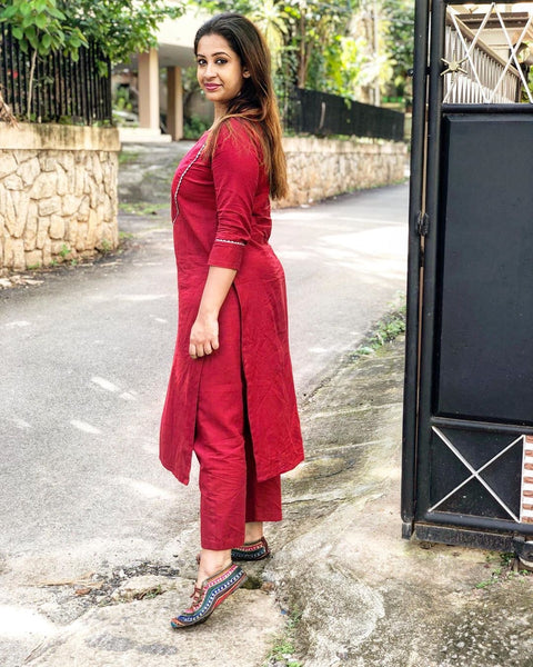 Maroon Yoke Design Kurta Set