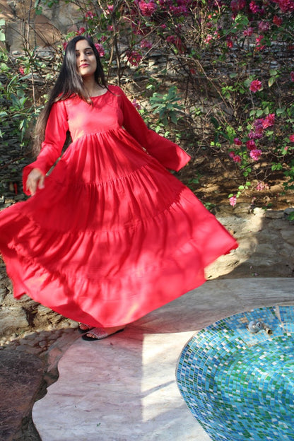 Red Tier Flared Dress