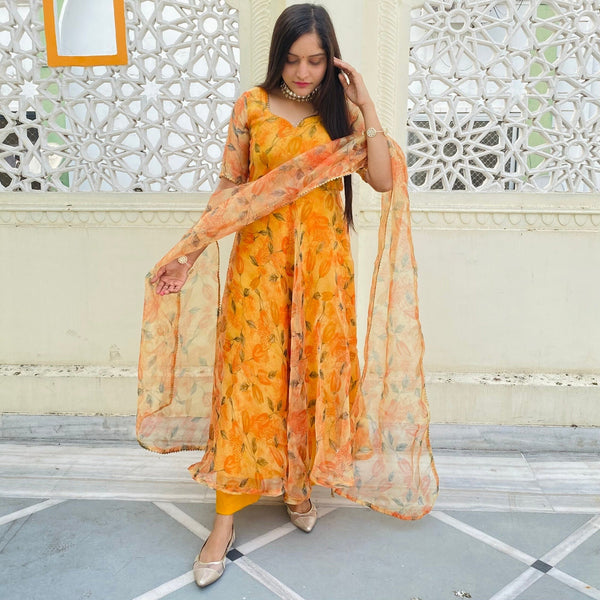 Lotus Handpainted Organza Suit Set