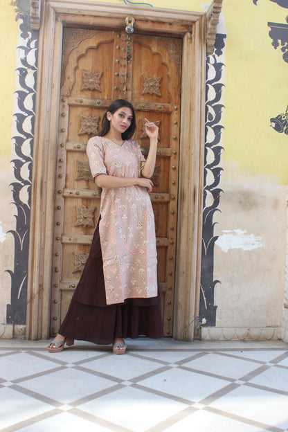 Coffee Print And Solid Kurta Set