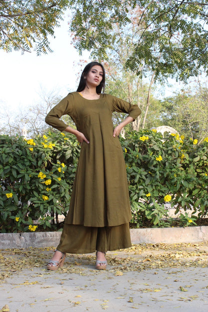 Olive Solid Kurta Set
