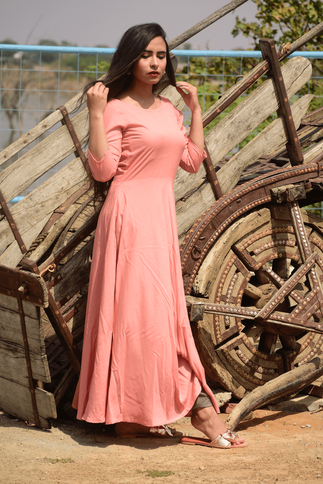 Salmon-Grey Floor Length Kurta Set