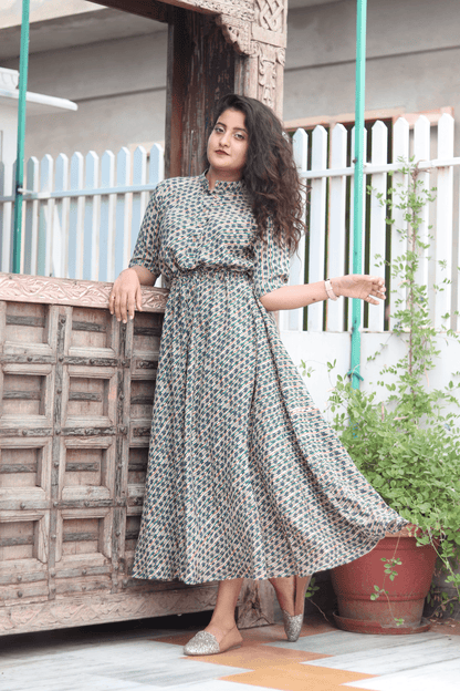 Mix Printed Waist Tie Flared Dress