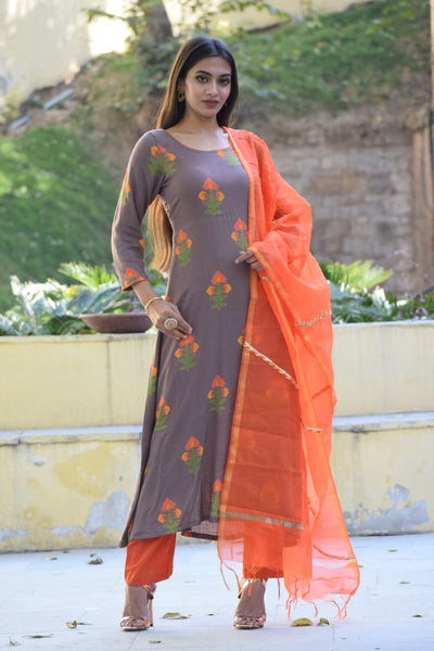 Grey Orange Chanderi Suit Set