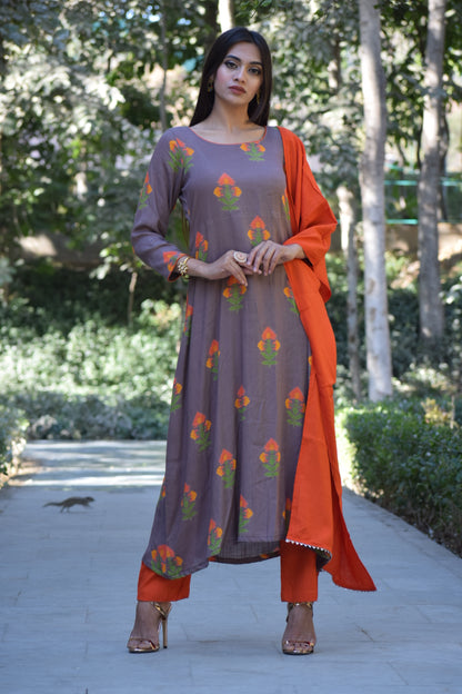 Grey Orange Printed Suit Set